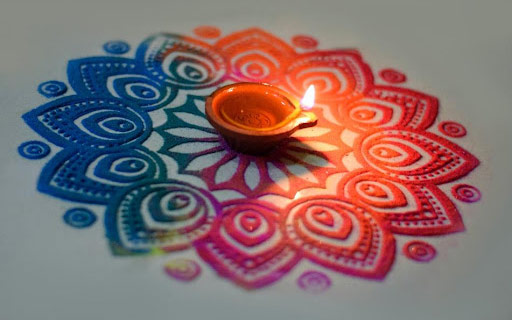 Diya in the centre of rangoli