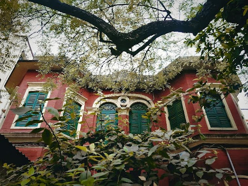 Home painted with red color covered by trees